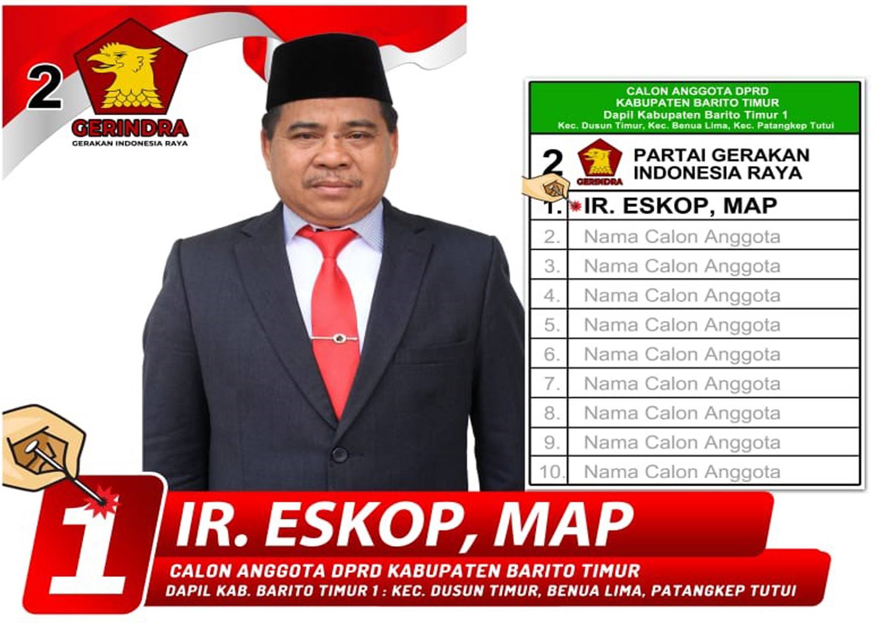 Mantan Sekda Barito Timur periode 2012-2020, Ir. Eskop, MAP mencalonkan diri menjadi Anggota DPRD Dapil Barito Timur 1. Dapil ini meliputi Kecamatan Dusun Timur, Benua Lima dan Kecamatan Patangkep Tutui.