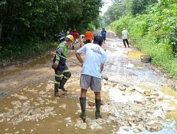 Warga dan Sulung Rescue Swadaya Timbun Kubangan Jalan Rusak di Desa Sarapat